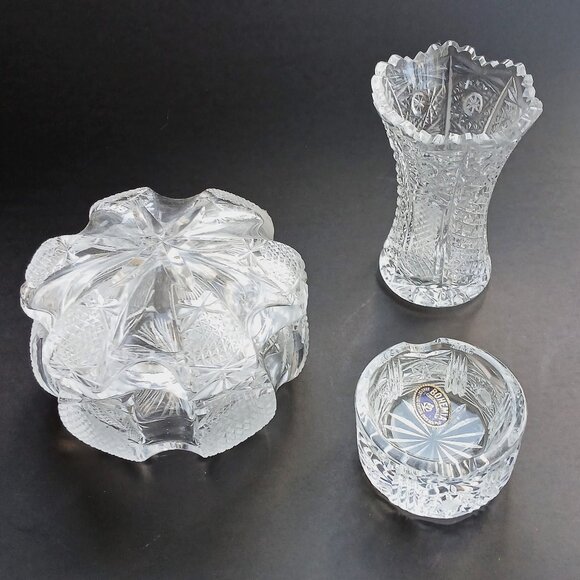 VTG Hand Cut Lead Crystal Queen's Lace Bohemia Czech Lot of 3 Vase Trinket w/Lid - Picture 1 of 15
